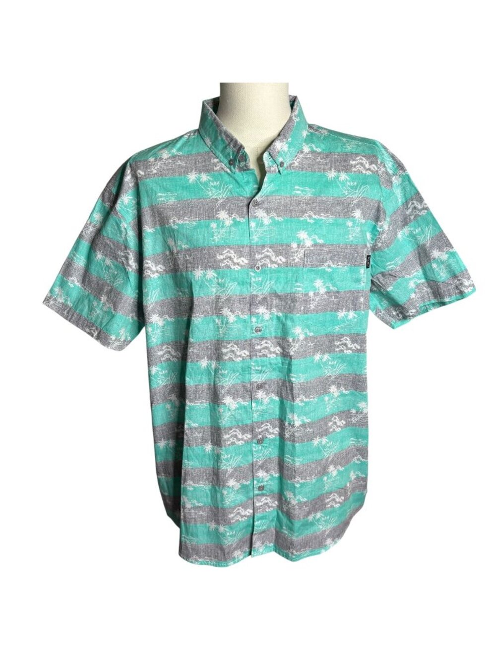 Molokai Surf Button Down Hawaiian Shirt XXL Teal Blue Grey Camp Stripes Pocket
